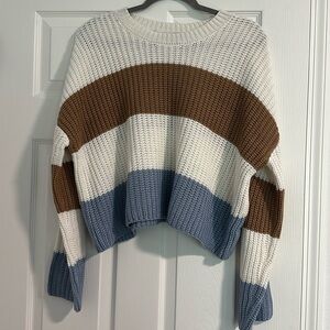 Striped Knit Sweater - White, Brown, and Blue